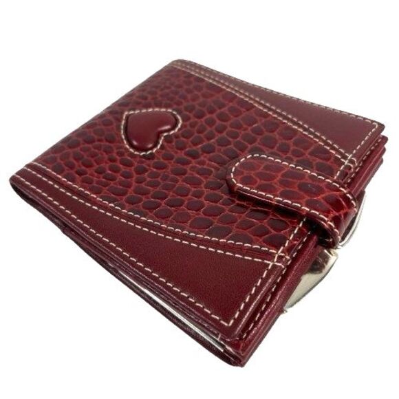 New Brighton Moc Croc Leather Wallet Bifold Large Silver Heart Clutch Kisslock - Picture 8 of 16